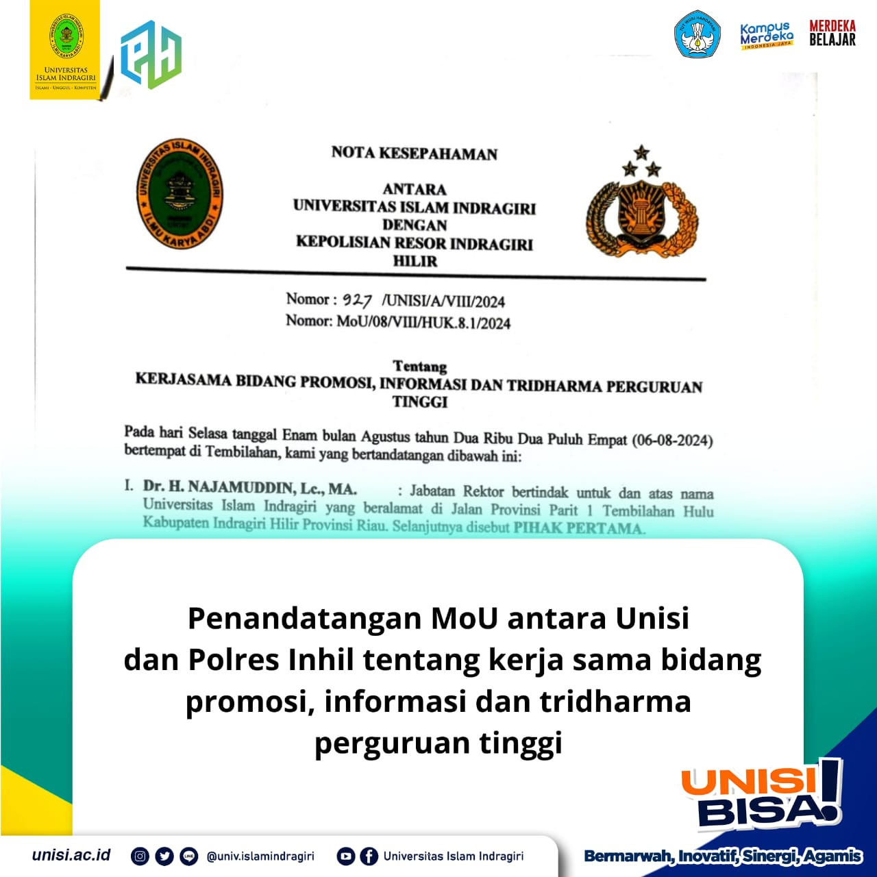 Penandatanganan MoU, Unisi dengan Polres Inhil